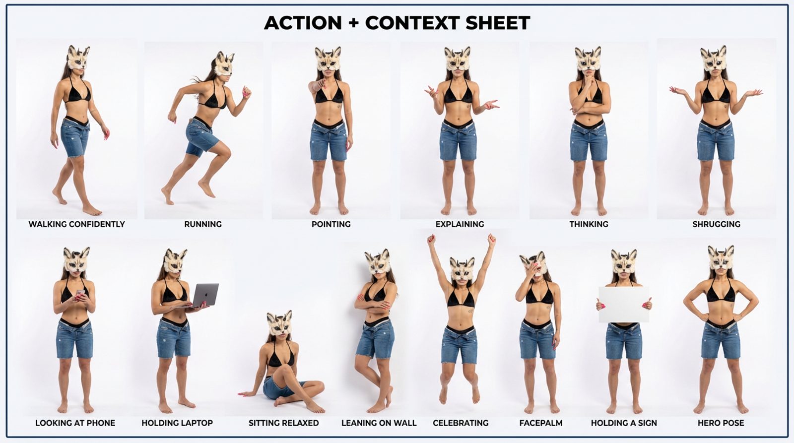 BELOW — 14-pose action and context sheet